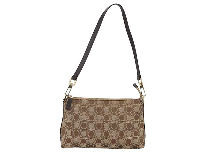 Bolso de Hombro Gancini de Nylon Marrón Dorado Salvatore Ferragamo Auth YKZ614 Castaño - vista 2