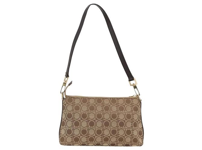 Bolso de Hombro Gancini de Nylon Marrón Dorado Salvatore Ferragamo Auth YKZ614 Castaño - vista 3