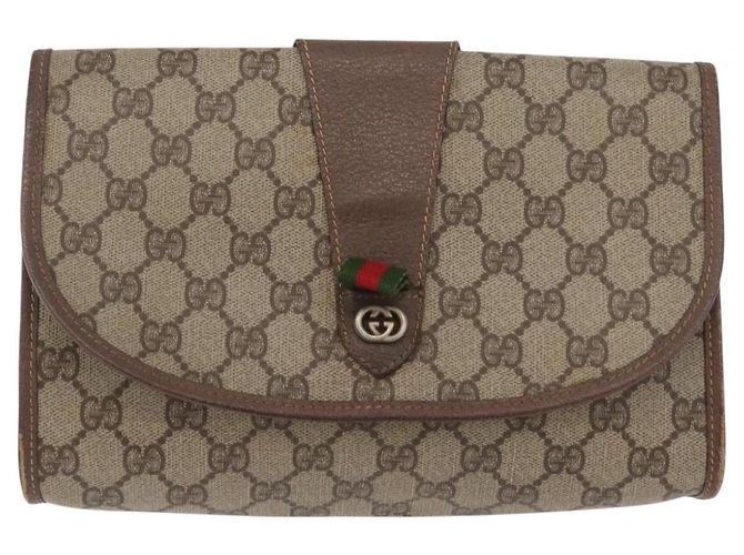 GUCCI GG Supreme Web Sherry Line Clutch Bag PVC Beige Oro Auth 174412 D'oro - vista 2