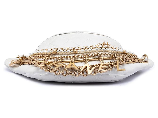 Chanel Weiße gesteppte Lammleder All About Chains Bauchtasche - Ansicht 3