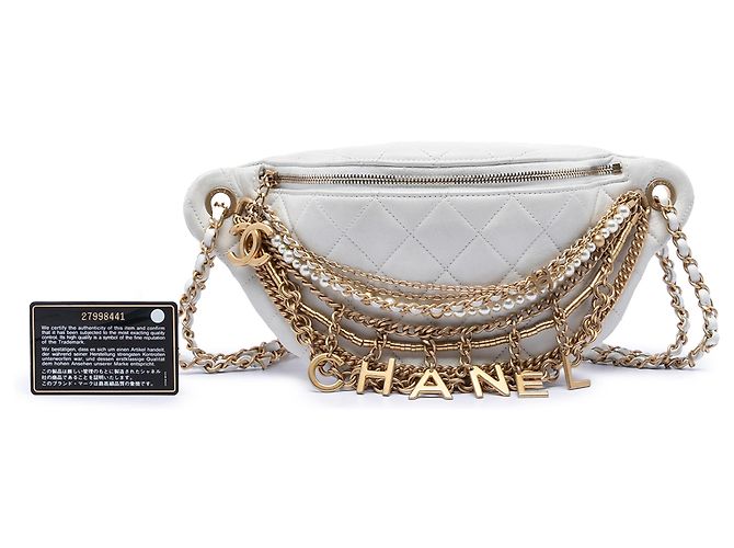 Chanel Weiße gesteppte Lammleder All About Chains Bauchtasche - Ansicht 8