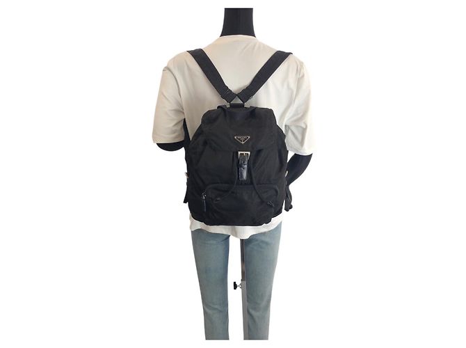 Prada Nylon-Leder Tessuto Logo Rucksack Schwarz - Ansicht 7
