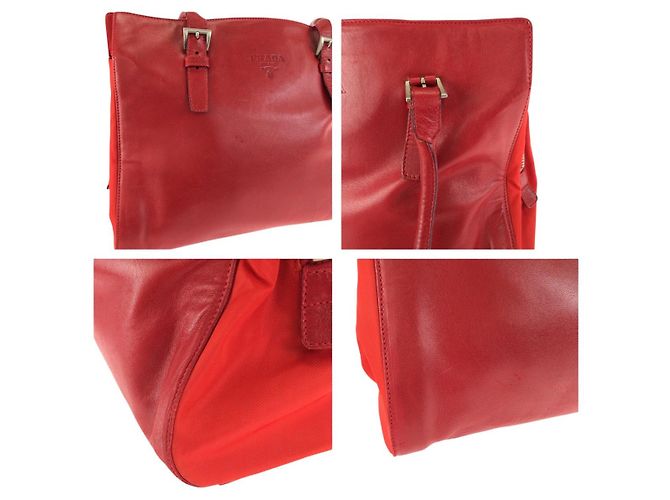 Tote Prada Tessuto Leder Nylon Schultertasche Rot - Ansicht 5