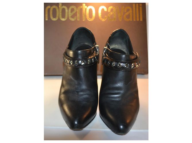 Botines Roberto Cavalli de cuero negro con tacón plateado - vista 2
