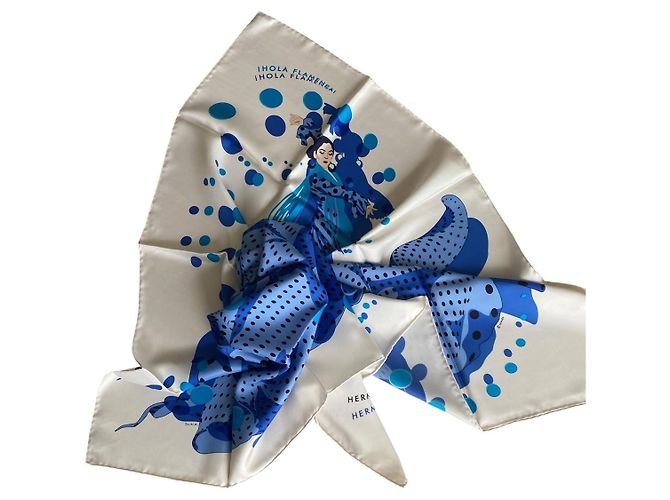 Sciarpa di seta Hermès Hola Flamenca blu - vista 13