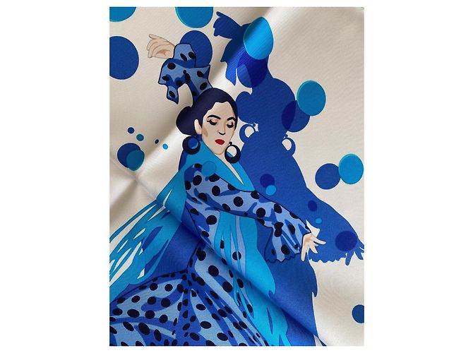 Sciarpa di seta Hermès Hola Flamenca blu - vista 7