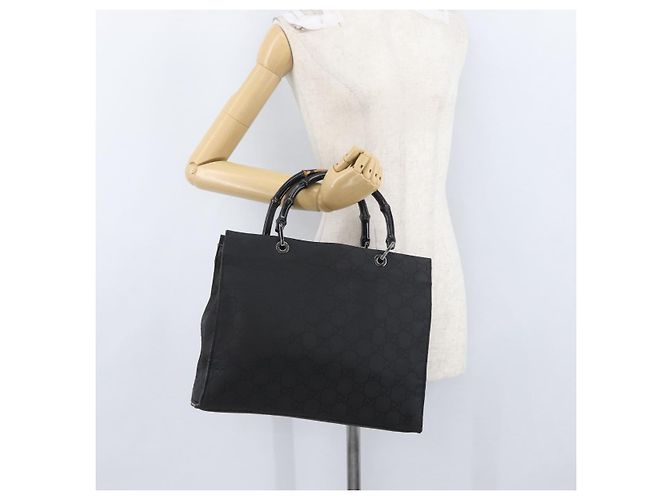 Bamboo GUCCI GG Canvas Bambus Tragetasche Nylon Schwarz Silber 002 1010 Auth YKZ144 - Ansicht 27