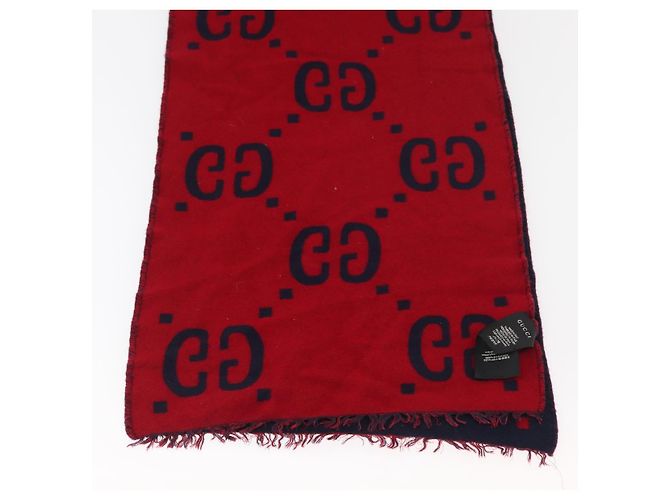 Sciarpa in lana GG Jacquard GUCCI Blu Navy Rosso Auth 174669A - vista 10