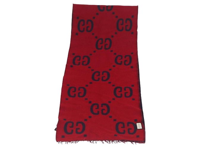 Sciarpa in lana GG Jacquard GUCCI Blu Navy Rosso Auth 174669A - vista 11