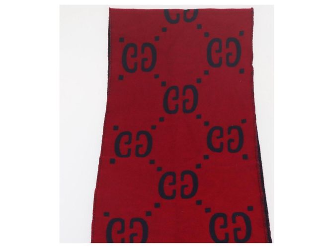 Sciarpa in lana GG Jacquard GUCCI Blu Navy Rosso Auth 174669A - vista 12