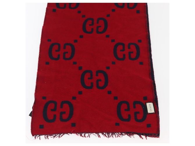 Sciarpa in lana GG Jacquard GUCCI Blu Navy Rosso Auth 174669A - vista 13
