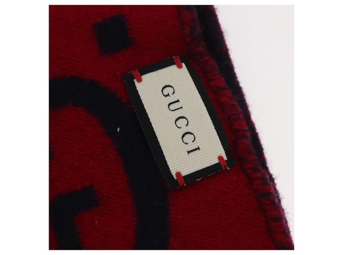 Sciarpa in lana GG Jacquard GUCCI Blu Navy Rosso Auth 174669A - vista 14