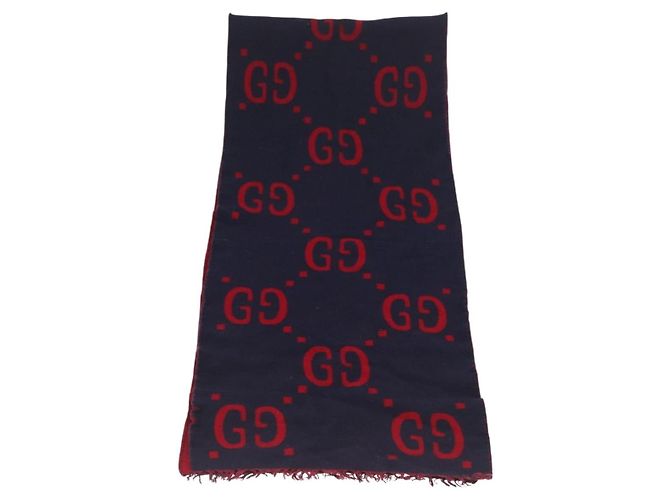 Sciarpa in lana GG Jacquard GUCCI Blu Navy Rosso Auth 174669A - vista 2