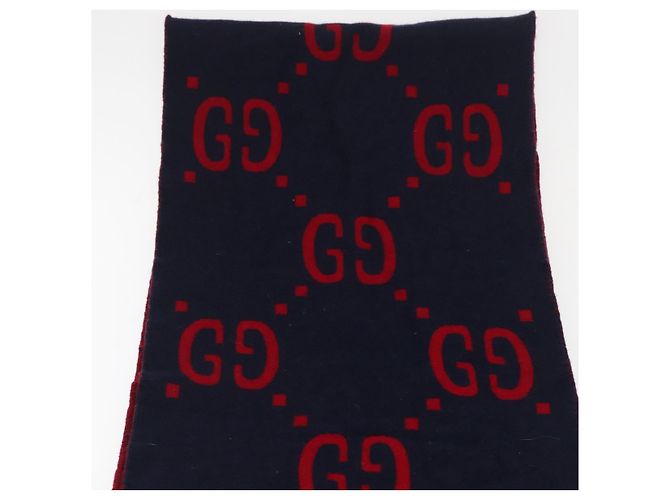 Sciarpa in lana GG Jacquard GUCCI Blu Navy Rosso Auth 174669A - vista 3