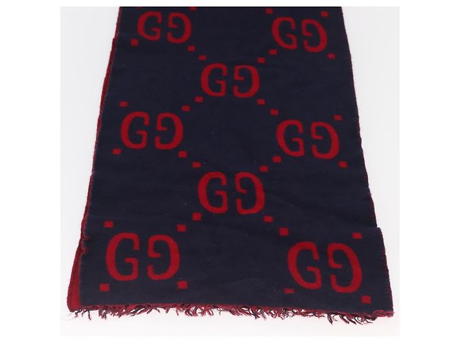 Sciarpa in lana GG Jacquard GUCCI Blu Navy Rosso Auth 174669A - vista 4