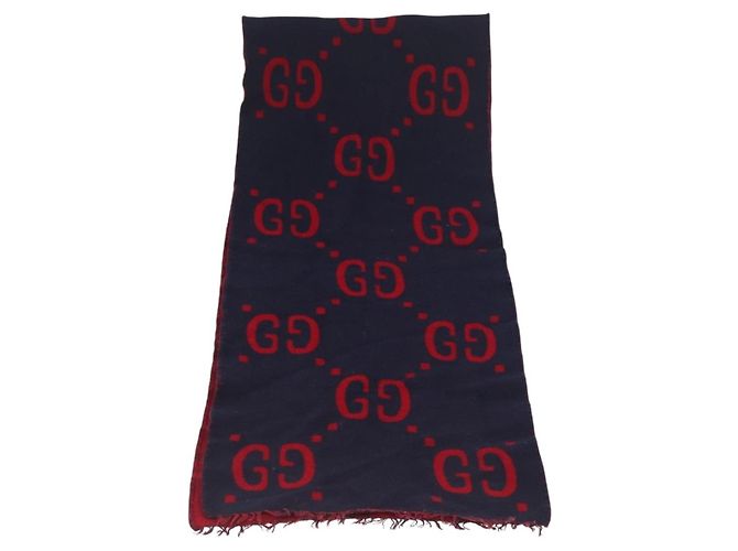 Sciarpa in lana GG Jacquard GUCCI Blu Navy Rosso Auth 174669A - vista 5