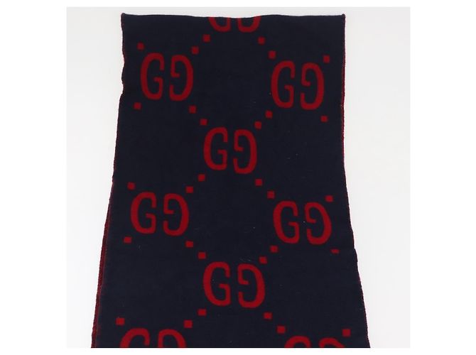 Sciarpa in lana GG Jacquard GUCCI Blu Navy Rosso Auth 174669A - vista 6