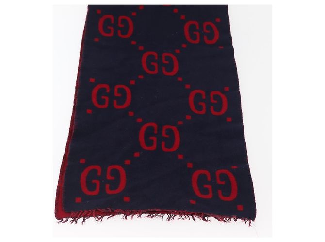Sciarpa in lana GG Jacquard GUCCI Blu Navy Rosso Auth 174669A - vista 7