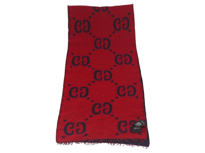 Sciarpa in lana GG Jacquard GUCCI Blu Navy Rosso Auth 174669A - vista 8