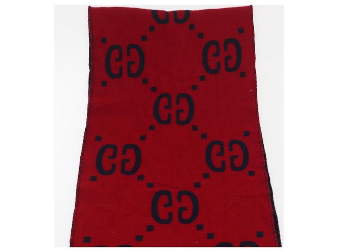 Sciarpa in lana GG Jacquard GUCCI Blu Navy Rosso Auth 174669A - vista 9