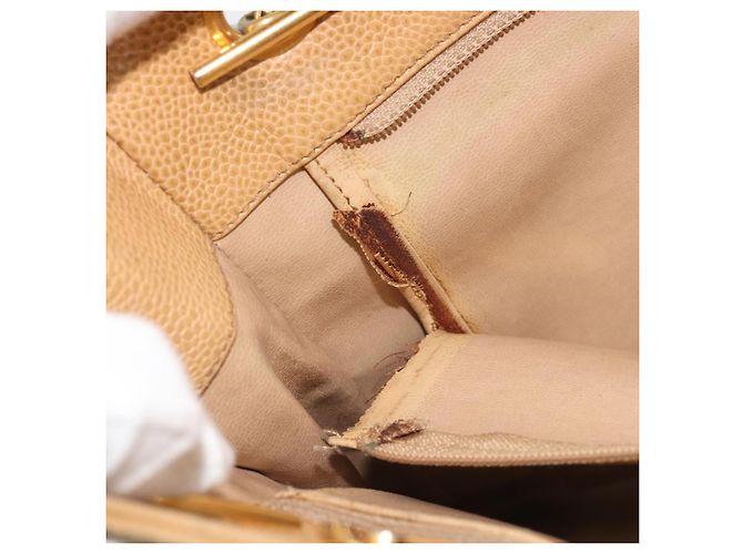 CHANEL Borsa a Spalla Matelassé Catena Pelle Caviar Beige Oro CC Auth YKZ963 D'oro - vue 20