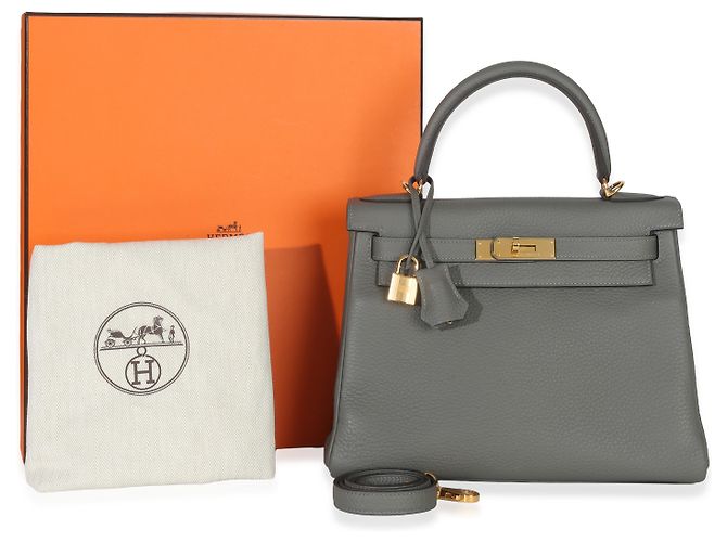 Hermès Gris Meyer Clemence Retourne Kelly 28 GHW Marrone - vista 3