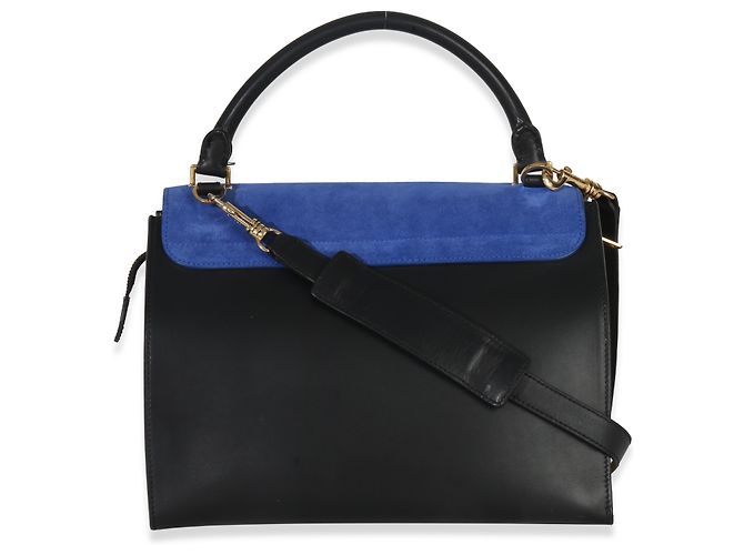 Céline Borsa Trapeze Piccola in Pelle di Vitello Grana Suede Blu Nero Crema di Celine - vista 2
