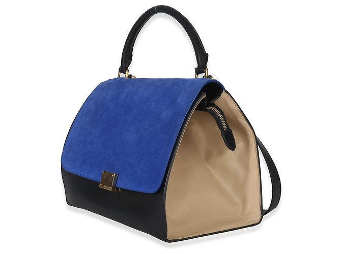 Céline Borsa Trapeze Piccola in Pelle di Vitello Grana Suede Blu Nero Crema di Celine - vista 3
