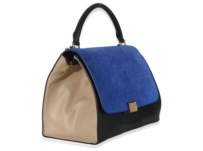 Céline Borsa Trapeze Piccola in Pelle di Vitello Grana Suede Blu Nero Crema di Celine - vista 4