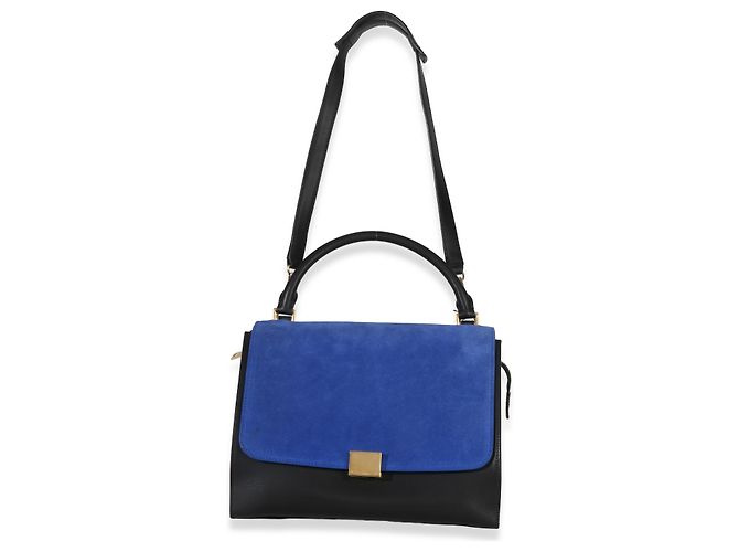 Céline Borsa Trapeze Piccola in Pelle di Vitello Grana Suede Blu Nero Crema di Celine - vista 5