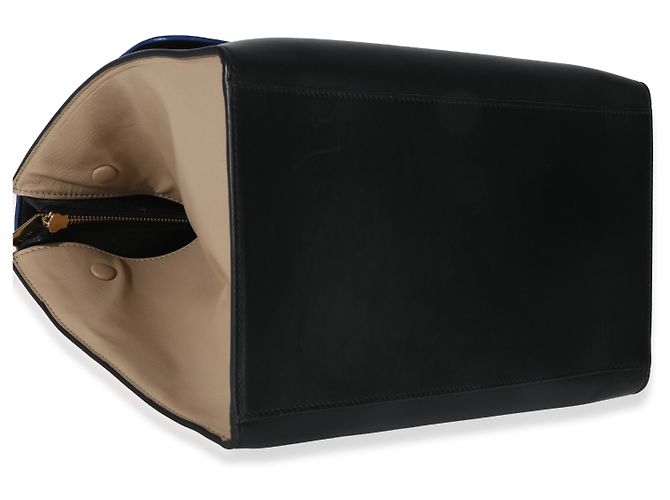 Céline Borsa Trapeze Piccola in Pelle di Vitello Grana Suede Blu Nero Crema di Celine - vista 7
