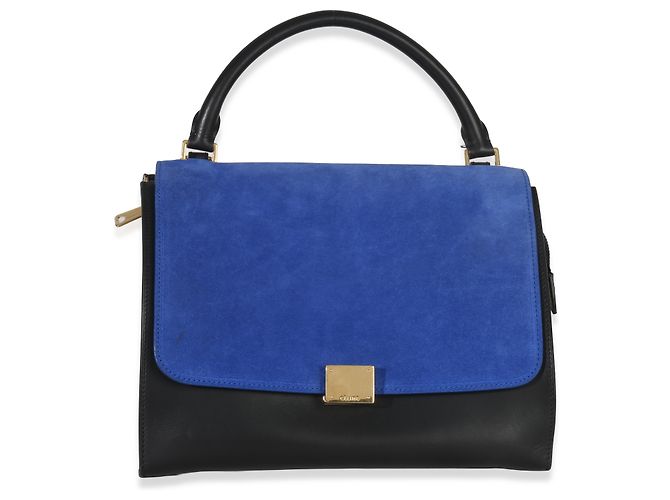 Céline Borsa Trapeze Piccola in Pelle di Vitello Grana Suede Blu Nero Crema di Celine - vista 8