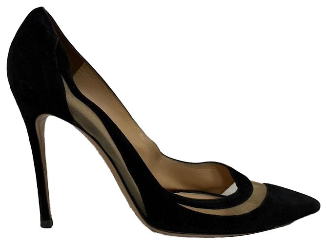 Gianvito Rossi Mesh Accent Pointed-Toe Pumps in Black Suede - view 11