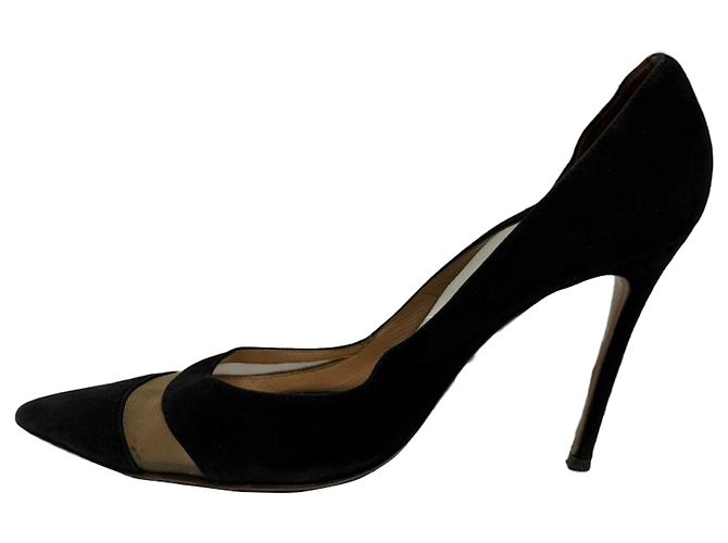 Gianvito Rossi Mesh Accent Pointed-Toe Pumps in Black Suede - view 13