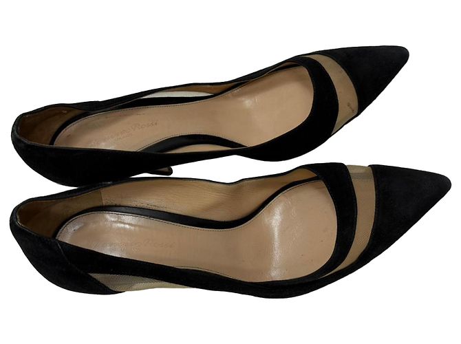 Gianvito Rossi Mesh Accent Pointed-Toe Pumps in Black Suede - view 15