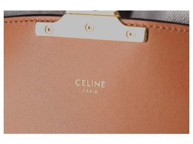 Céline Bolsa Celine Classique Triomphe em lona marrom e couro de bezerro - vue 12