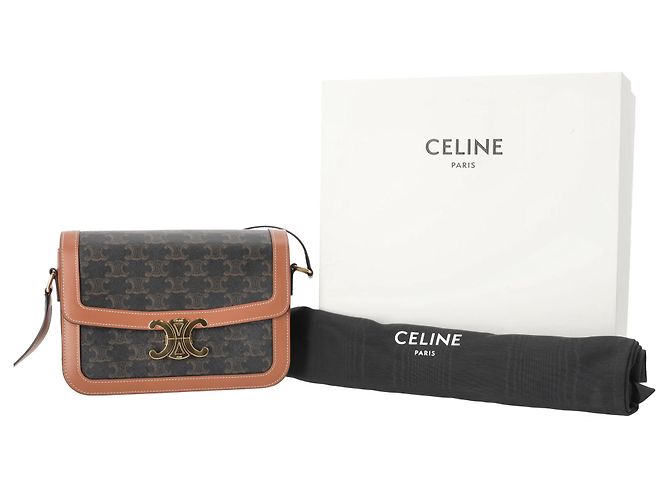 Céline Bolsa Celine Classique Triomphe em lona marrom e couro de bezerro - vue 6