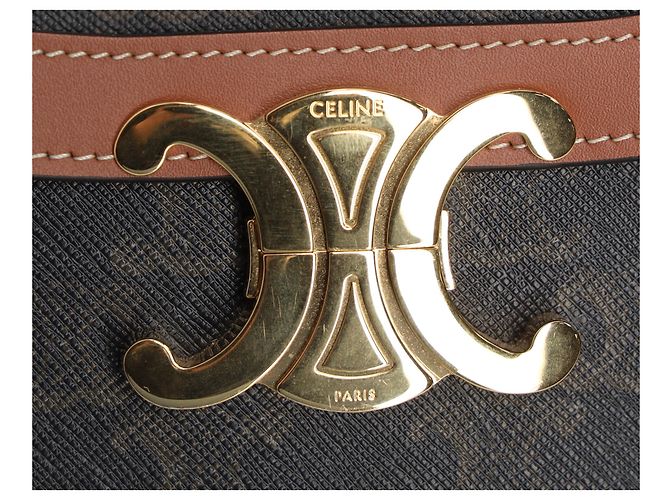 Céline Bolsa Celine Classique Triomphe em lona marrom e couro de bezerro - vue 8