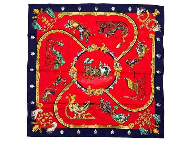 Sciarpa Hermès Carre 90 in seta rossa e blu navy Rosso - vista 2