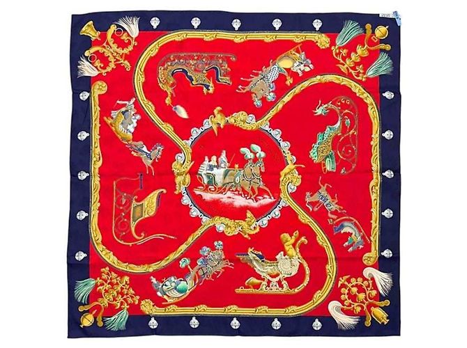Sciarpa Hermès Carre 90 in seta rossa e blu navy Rosso - vista 3