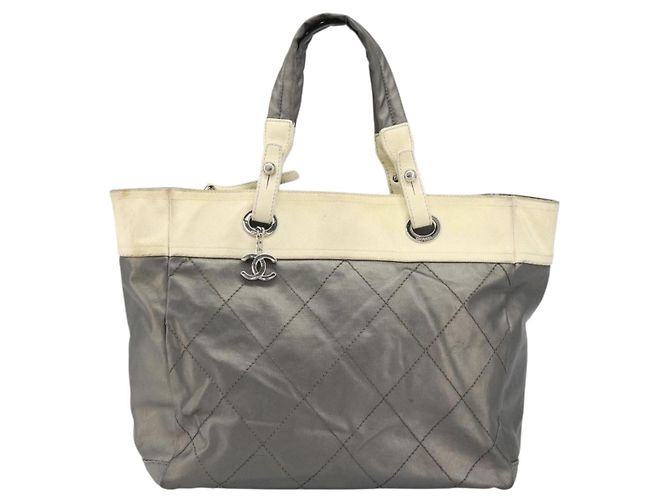CHANEL Paris Biarritz GM Tote Bag Beschichtete Leinwand Grau Silber CC Auth bs34403 Braun - Ansicht 13