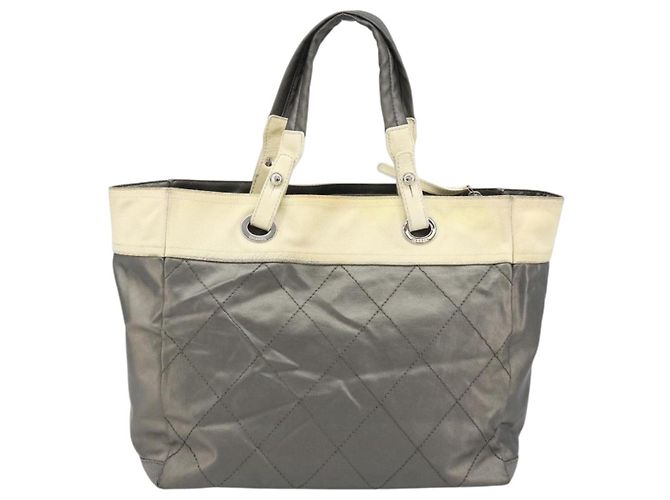 CHANEL Paris Biarritz GM Tote Bag Beschichtete Leinwand Grau Silber CC Auth bs34403 Braun - Ansicht 2
