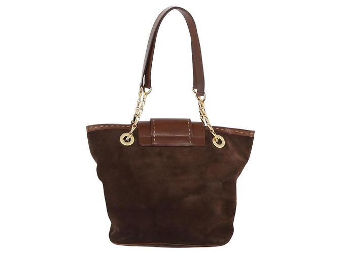 Borsa Tote a Catena CÉLINE Camoscio Marrone Oro Auth YKZ133 D'oro - vista 2