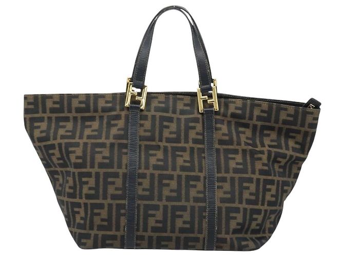 Borsa a mano in tela Zucca FENDI nera marrone oro Auth YKZ069 Nero D'oro - vista 2