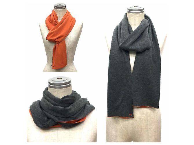 Stola reversibile in cashmere e seta Hermès Marrone Arancione - vista 2