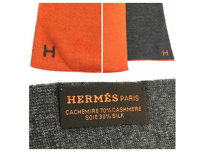 Stola reversibile in cashmere e seta Hermès Marrone Arancione - vista 3