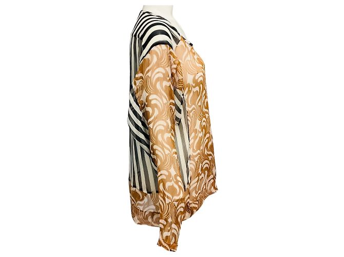 Dries van Noten Tan / Ivory / Black Mixed Pattern Print Sheer Silk Chiffon Blouse Multiple colors - view 2