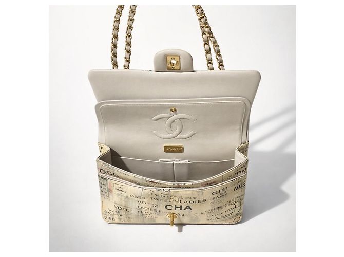 CHANEL 15S GRAFFITI SAC CLASSIQUE MOYEN DOUBLE PLIAGE Noir Blanc Beige Doré Métallisé Gris anthracite - vue 11