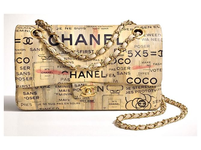 CHANEL 15S GRAFFITI SAC CLASSIQUE MOYEN DOUBLE PLIAGE Noir Blanc Beige Doré Métallisé Gris anthracite - vue 2