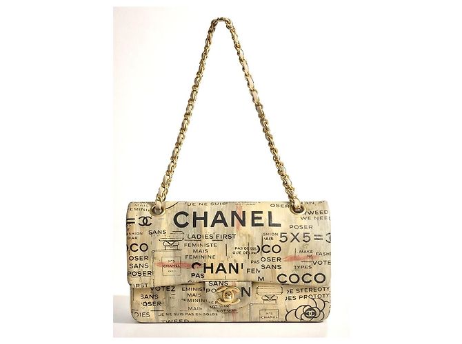 CHANEL 15S GRAFFITI SAC CLASSIQUE MOYEN DOUBLE PLIAGE Noir Blanc Beige Doré Métallisé Gris anthracite - vue 5